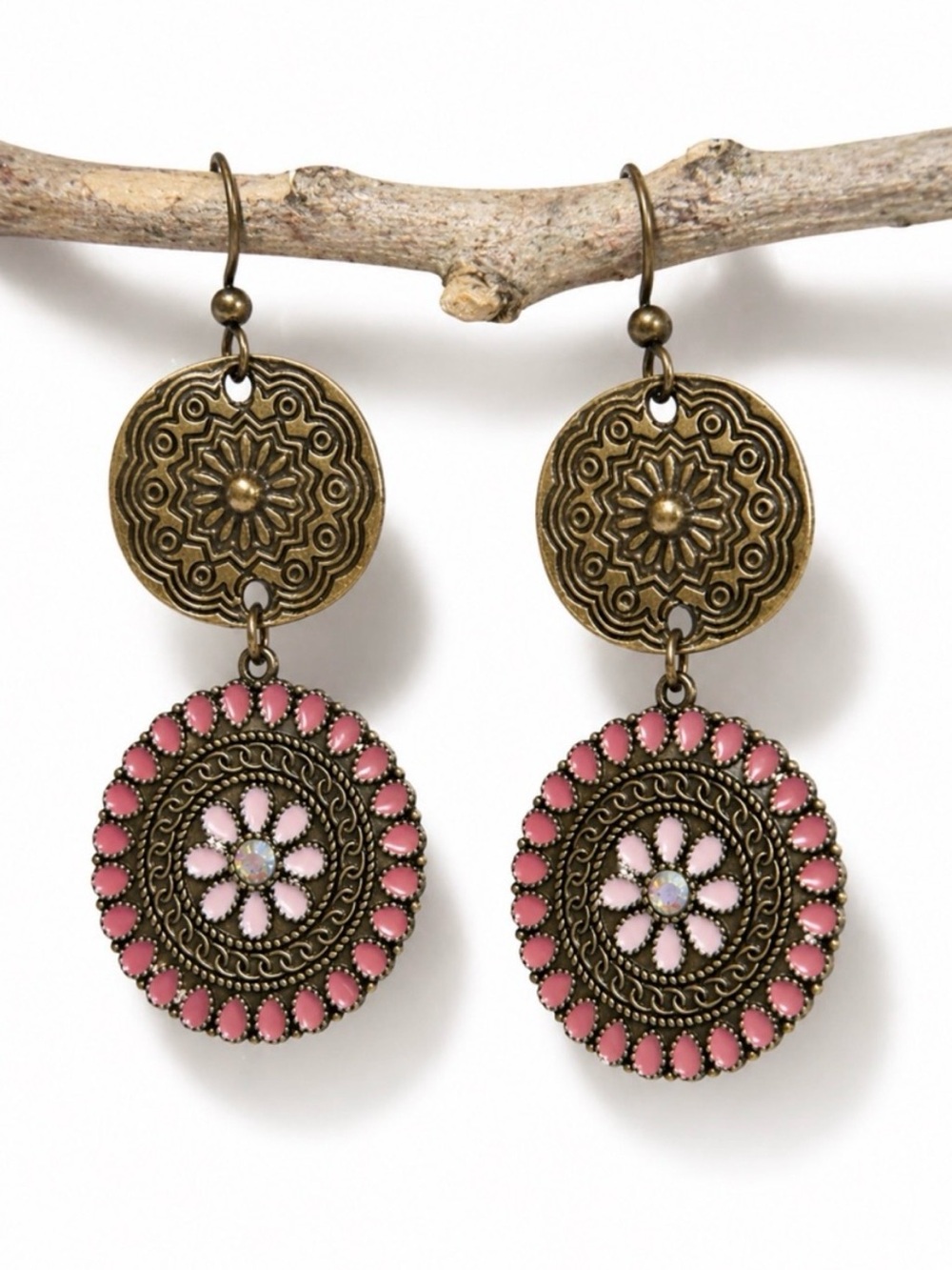 Boho Bronze Medallion Pink Enamel Earrings, Floral Dangle, Statement Artisan